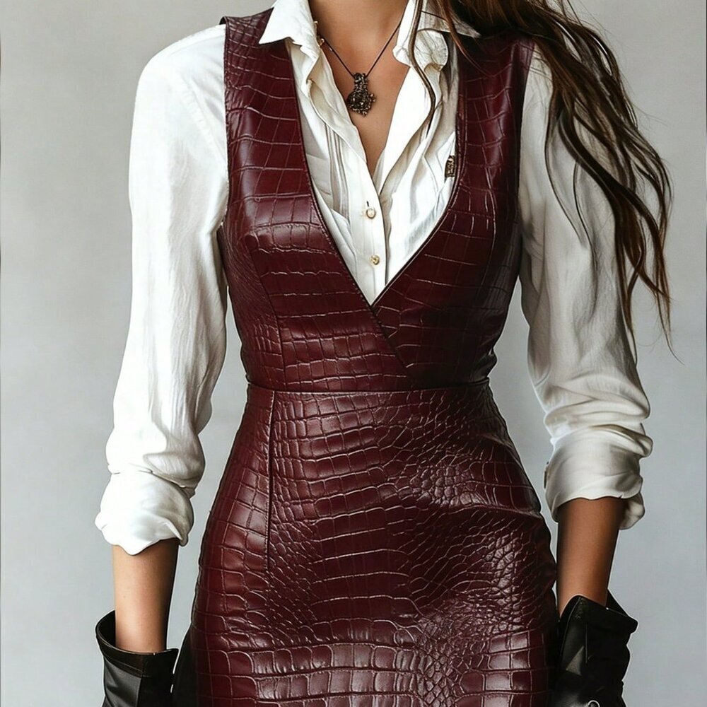 Burgundy Elegant Women's V-Neck Dress